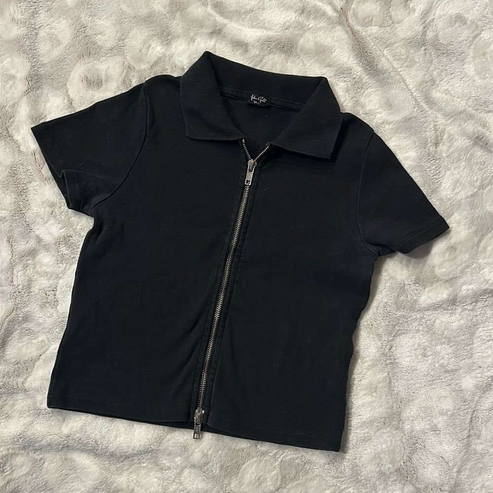 John Galt Zip Up Cropped Polo Shirt Black Size Small